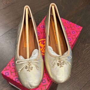 Tory Burch Charm Ballet Metallic Gold Flats with Charm